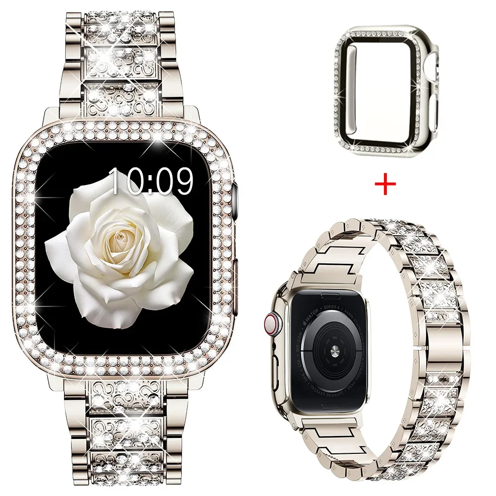 

Алмазный чехол + ремешок для Apple Watch, ремешки 42 мм, 45 мм, 40 мм, 44 мм, 41 мм, 38 мм, металлический ремень IWatch Series 10 9 8 7 SE 6 5 4 Женский браслет