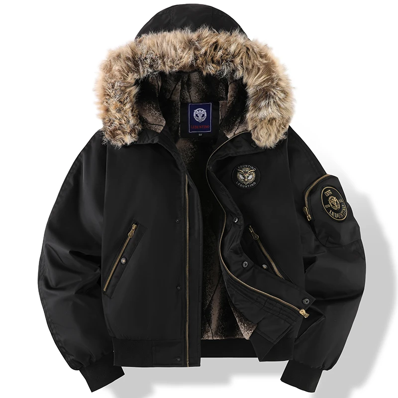 Men's Winter Black Aviator Jacket with Detachable Faux Fur Trimmed Hooded Cold Fashion Embroidered Badge and Zipper Pockets