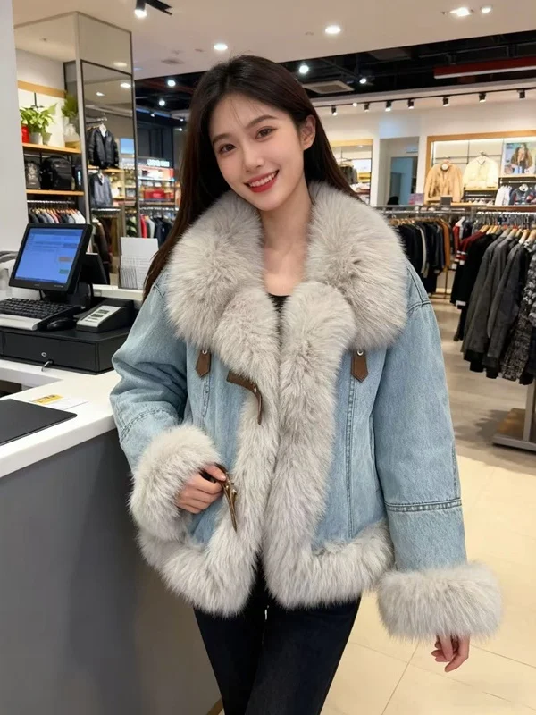 

Зимняя женская джинсовая куртка-пуховик Thiened с меховым воротником, теплая, стильная, для повседневной носки, удлиненная, прямой крой