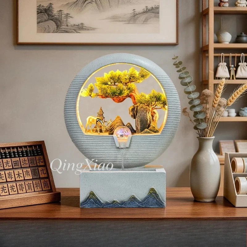 Chinese Style Circular Landscape Water Fountain Ornament Tabletop Circulating Water Feature for Office Decorative Bonsai Waterfa