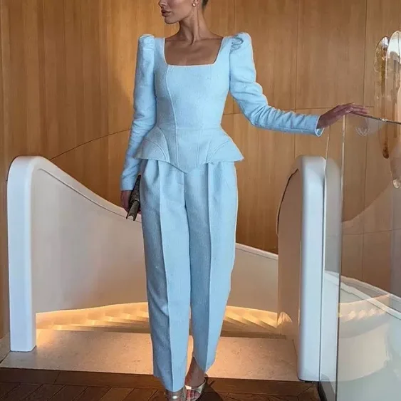 Early Autumn New Arrival Women's Fashion Versatile Casual Square Collar Bubble Sleeve Top Wide Leg Pants Two Piece Set