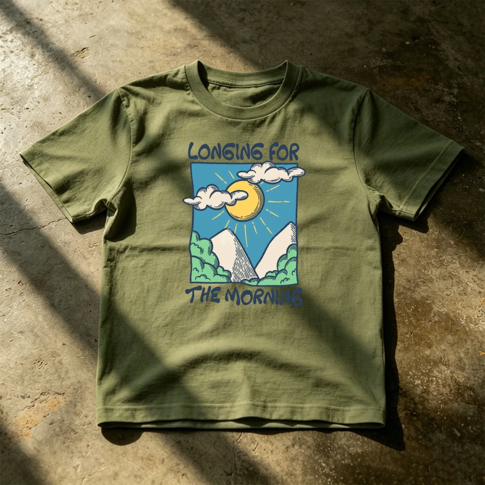 Diseño gráfico de dibujos animados, escena de amanecer en la montaña, ansia por el amanecer, moda informal de verano, camiseta de algodón unisex de manga corta