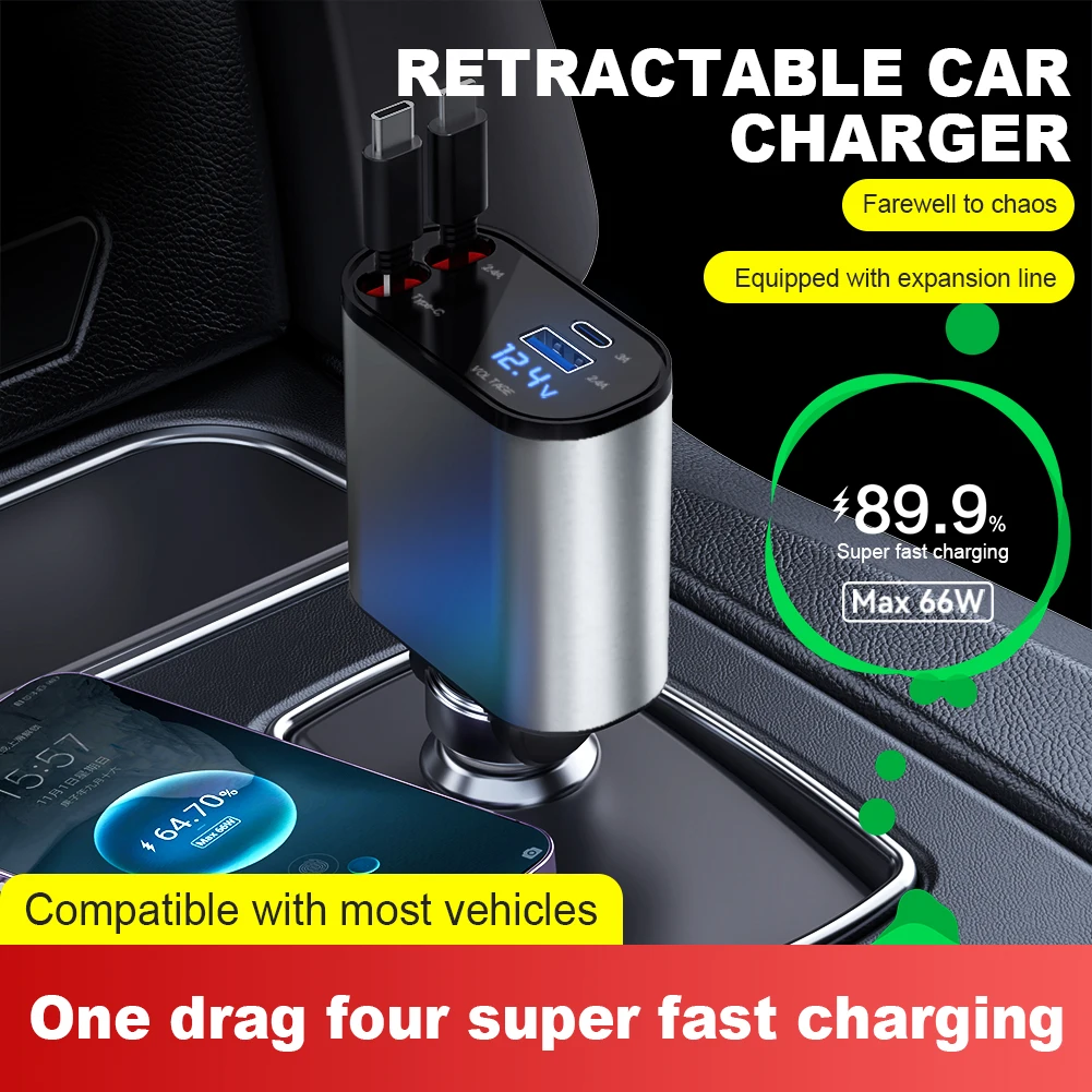 120W 4 IN 1 Retractable Car Fast Charger USB Type C Cable For IPhone Xiaomi Samsung Fast Charging Cord Cigarette Lighter Adapter