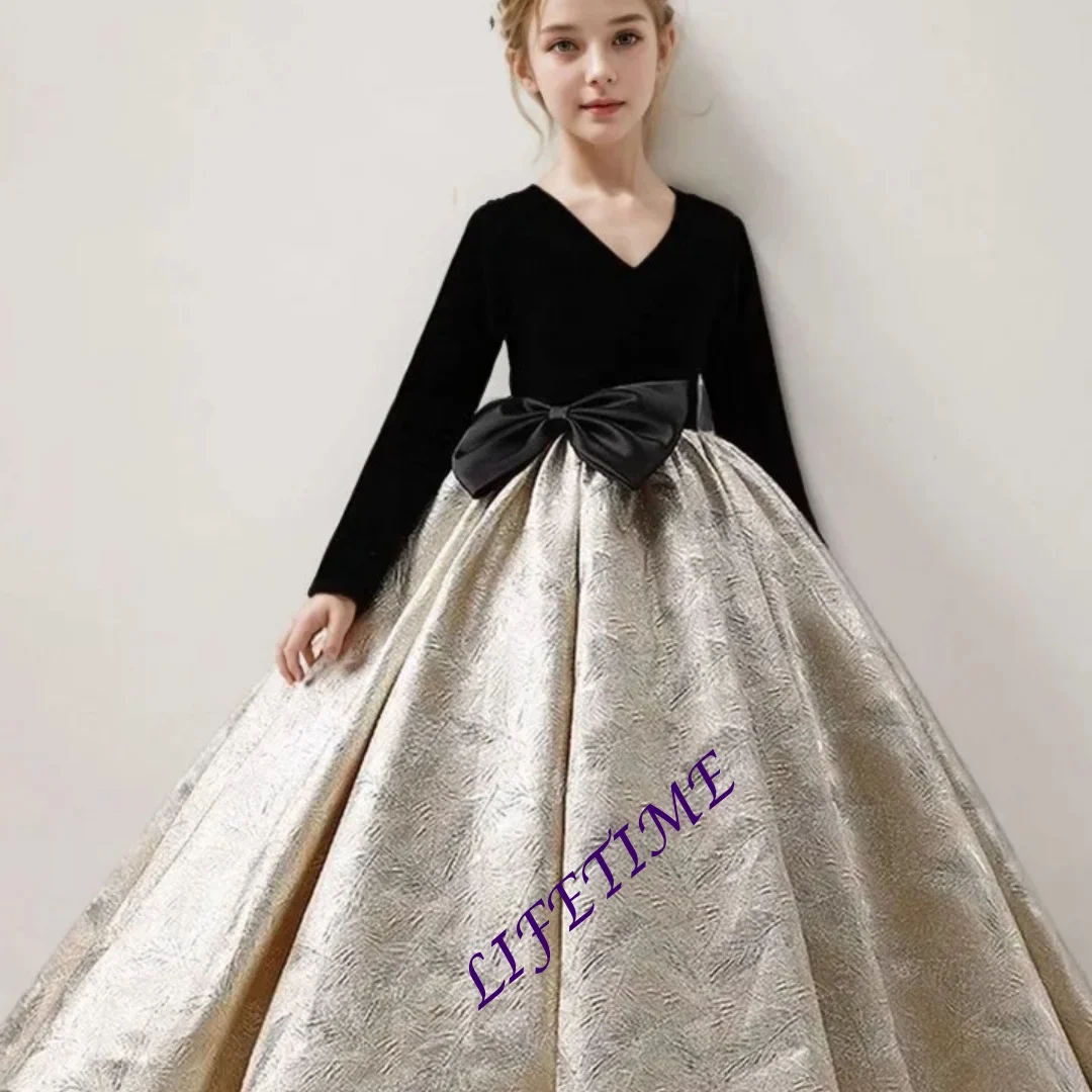 

Girls Long Sleeve Black Party Dress New Kids Pageant Gown for Fashion Show Piano Performance Formal Wear Autumn WinterCustomized