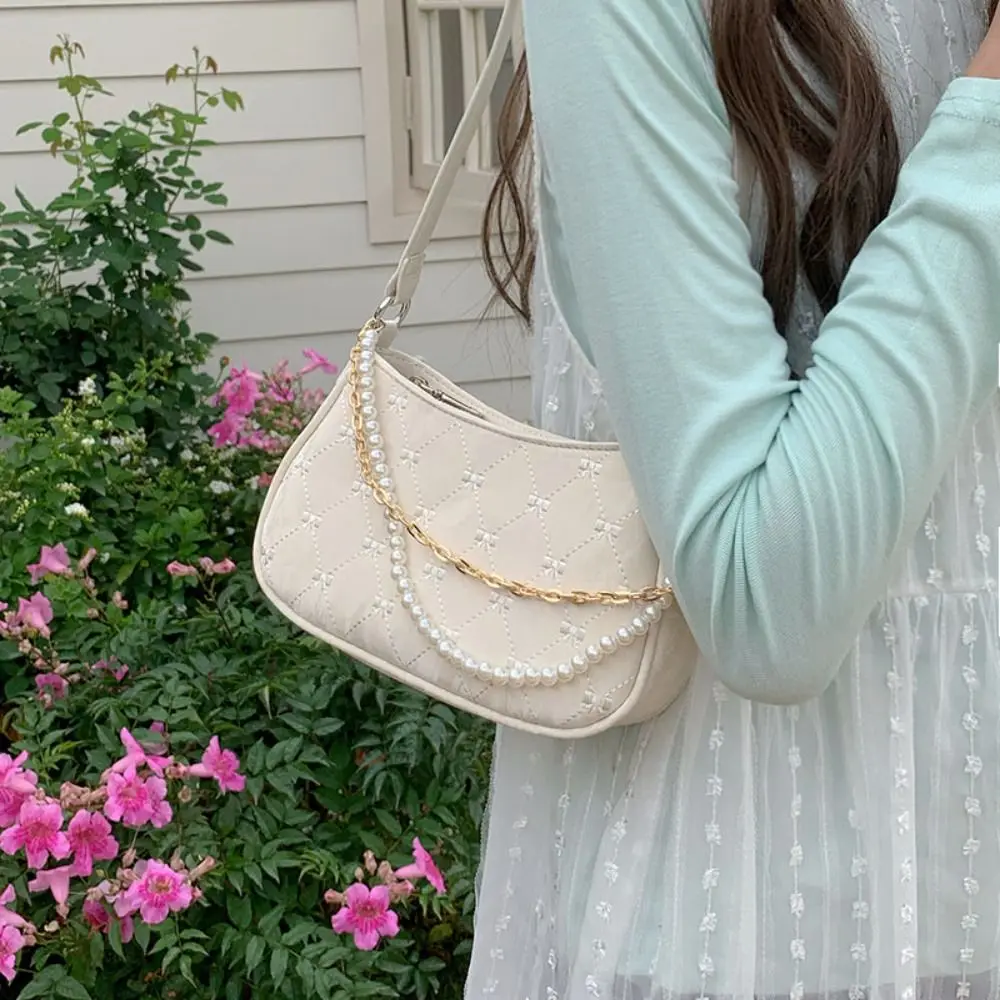 

Fashion Pearl Chains Shoulder Bag Bow-knot Embroidery Leather Armpit Bag All-match Sweet Handbag Womens