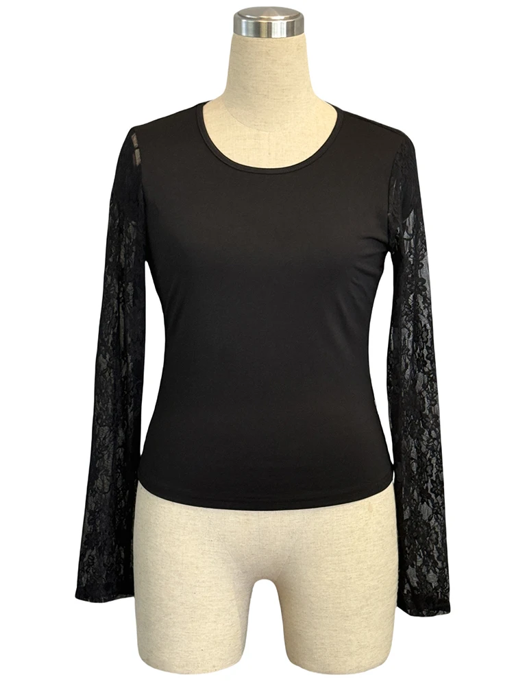 2025، جديد، ربيع، أوروبي، ملابس، نحيف، تي شيرت، نسائي، أنيق، مثير، رقبة دائرية، مرقع، دانتيل، بلايز، كم طويل، قميص سفلي، تي شيرت، 588 #3