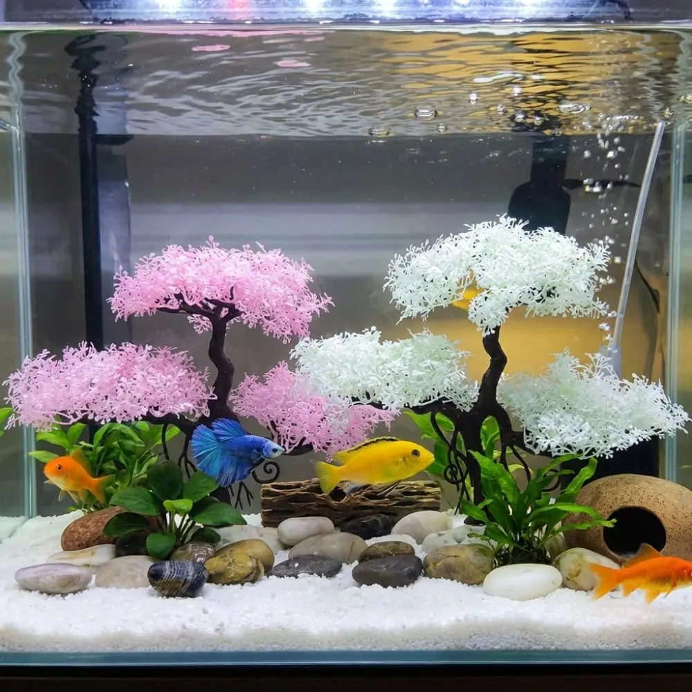 Realistic Aquarium Cherry Blossom Underwater Scene Plastic Landscape Tree Natural Look Irregular Fish Tank Ornament