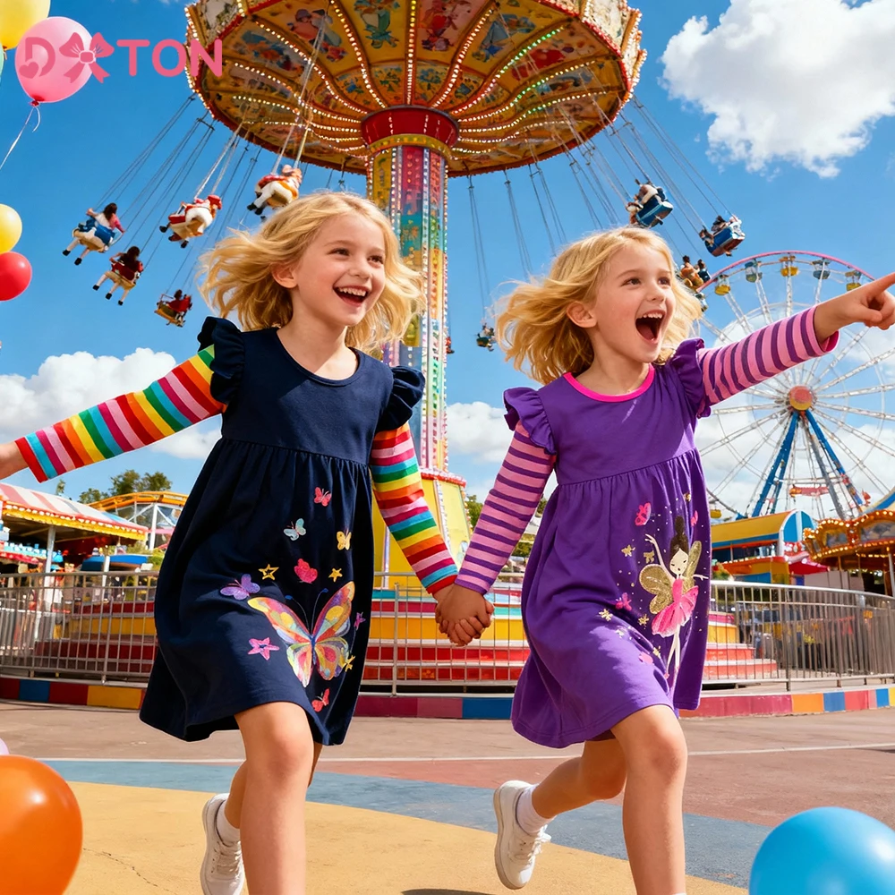 DXTON 어린이 데일리 드레스 코튼 유아 캐주얼 의류 레인보우 긴 소매 키즈 드레스 나비 휴가 소녀 드레스 착용