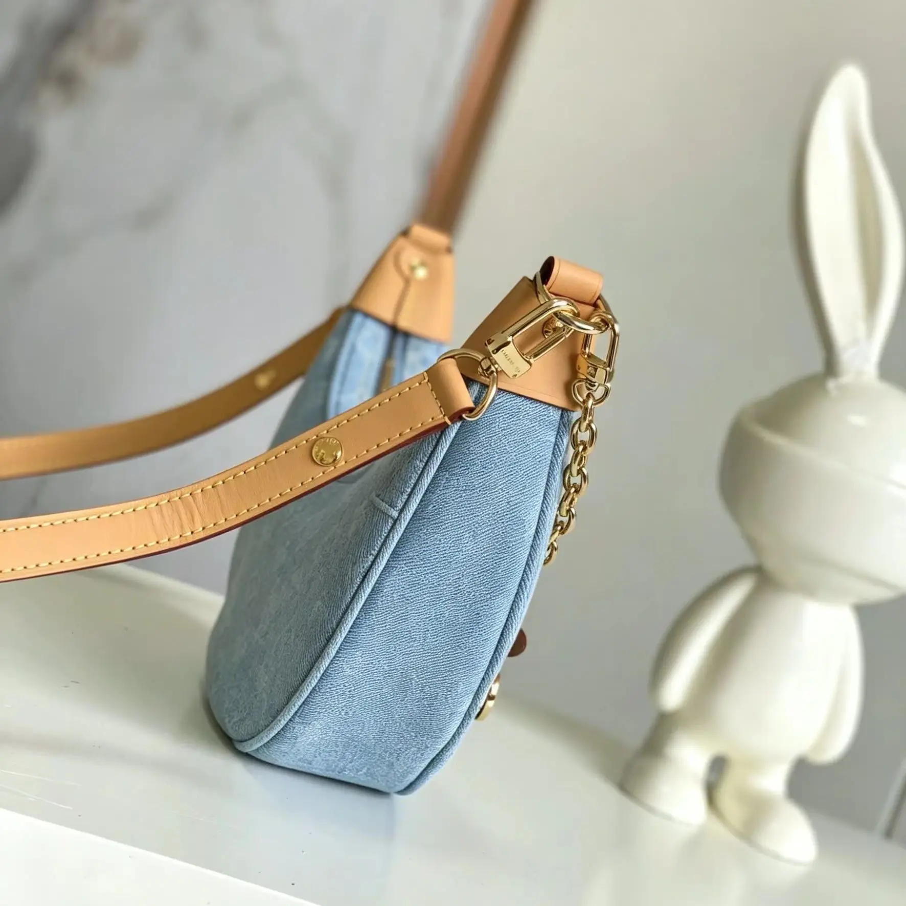 Light Blue Jacquard Denim Crescent Hobo Bag, Luxury Multi-Way Underarm Handbag