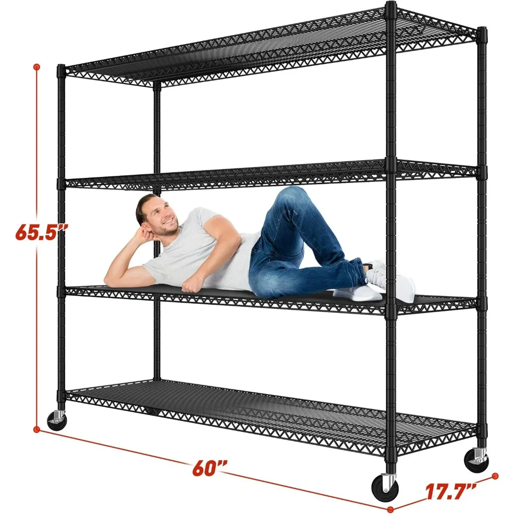 Unit Rak 60''W dengan Roda, Rak Penyimpanan 4 Tingkat yang Dapat Disesuaikan Rak Logam Komersial 2500LBS untuk Ruang Besar, 2 Buah, Rak