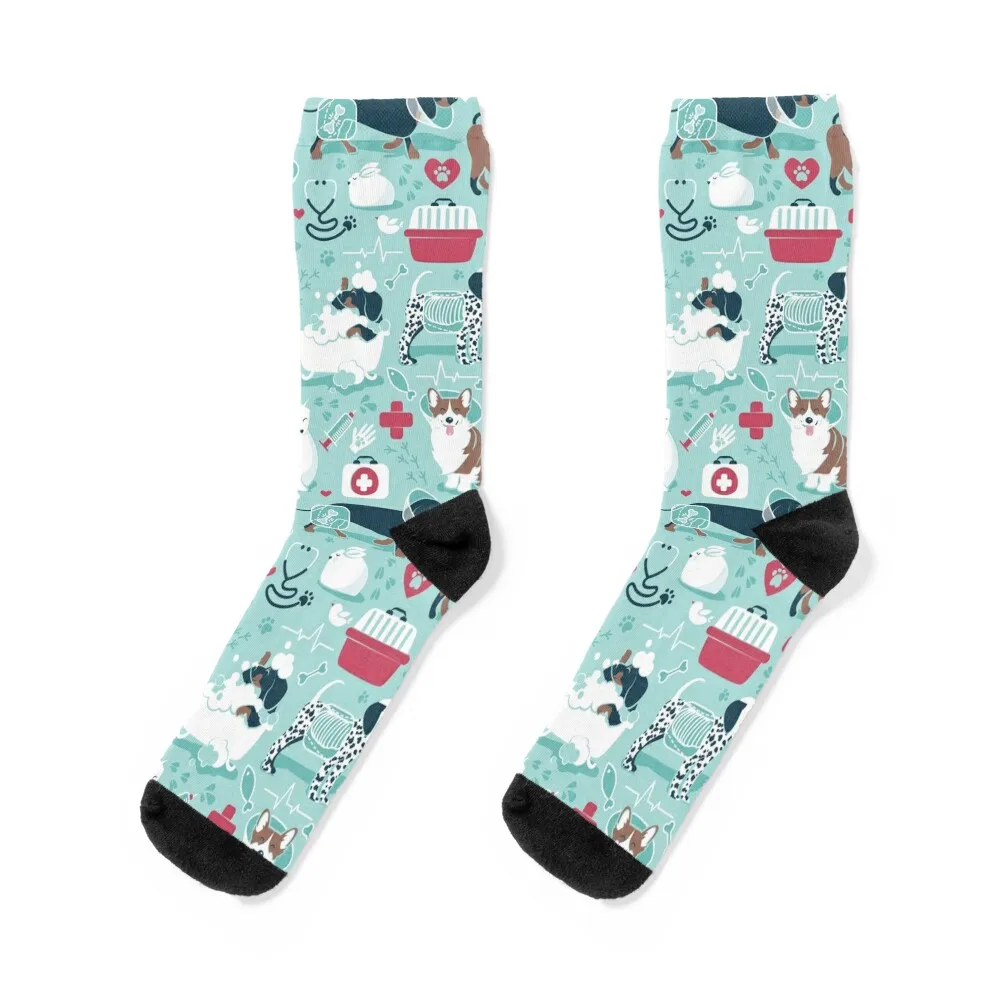 Veterinary medicine, happy and healthy friends // aqua background red details navy blue white and brown cats dogs and othe Socks