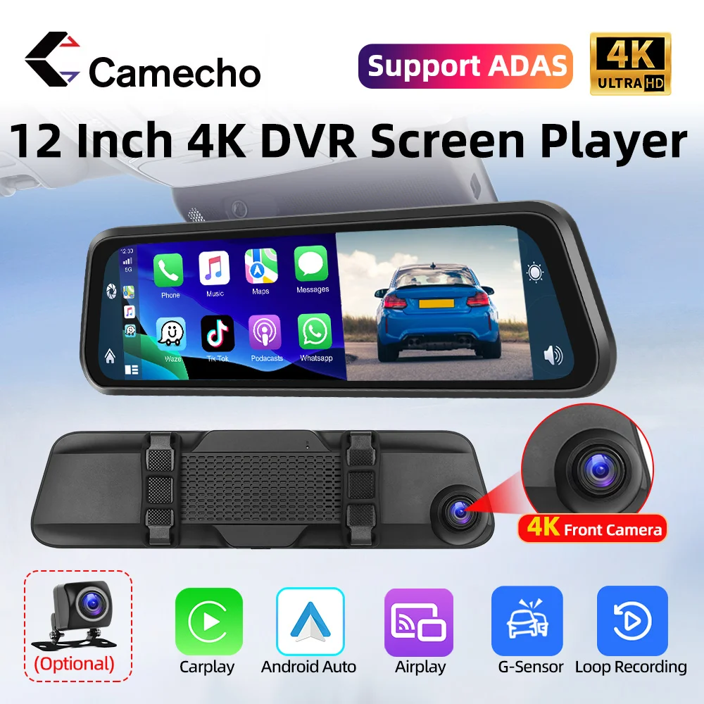 Camecho 12-calowy monitor lusterka wstecznego samochodu Bezprzewodowy Carplay Android Auto z kamerą DVR do przodu 4K Obsługa parkowania Tylna kamera