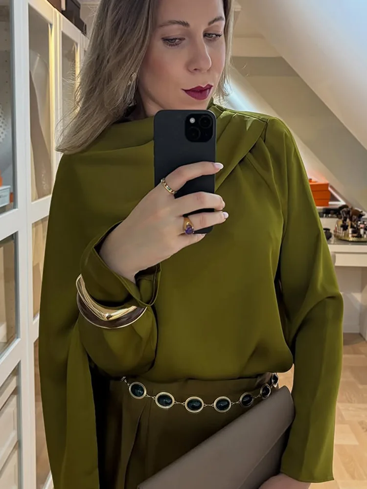

Элегантная зеленая блузка с воротником-шарфом из атласа, шикарная женская свободная укороченная блузка с длинными рукавами и лентами, новинка весны 2026, женские рубашки для офиса