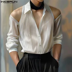 Men's Shirt Solid Color Lapel Off Shoulder Long Sleeve Hollow Out Streetwear Men Clothing 2024 Pleated Fashion Camisas INCERUN