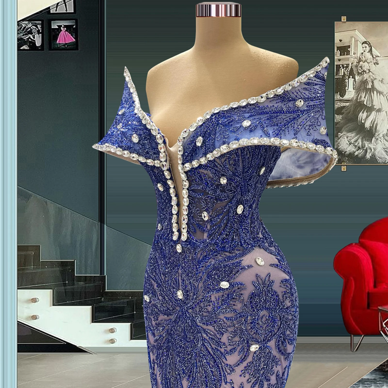 Women's Long Ball Gown With Rhinestone Trim One-Shoulder Lace Embroidery Elegant Gorgeous Party Dress