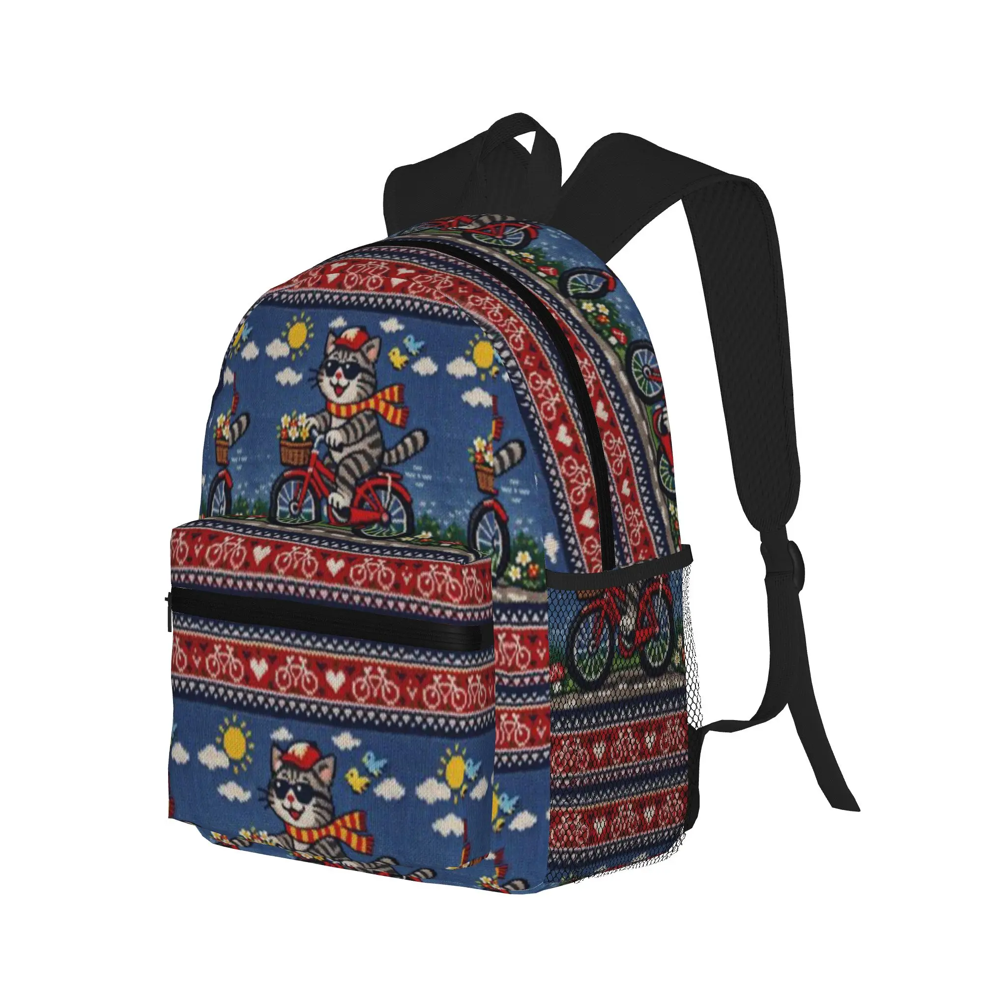 Cat riding a bicycle  funny knitted picture  Casual Backpack for Students and Adults Backpacks for women