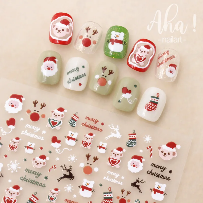 1 Stuks Kerst Cartoon Nail Art Sticker 3d Santa Claus/Eland/Sneeuwvlok/Sneeuwpop/Beer Ontwerp Zelfklevende Stickers Diy Manicure Decor