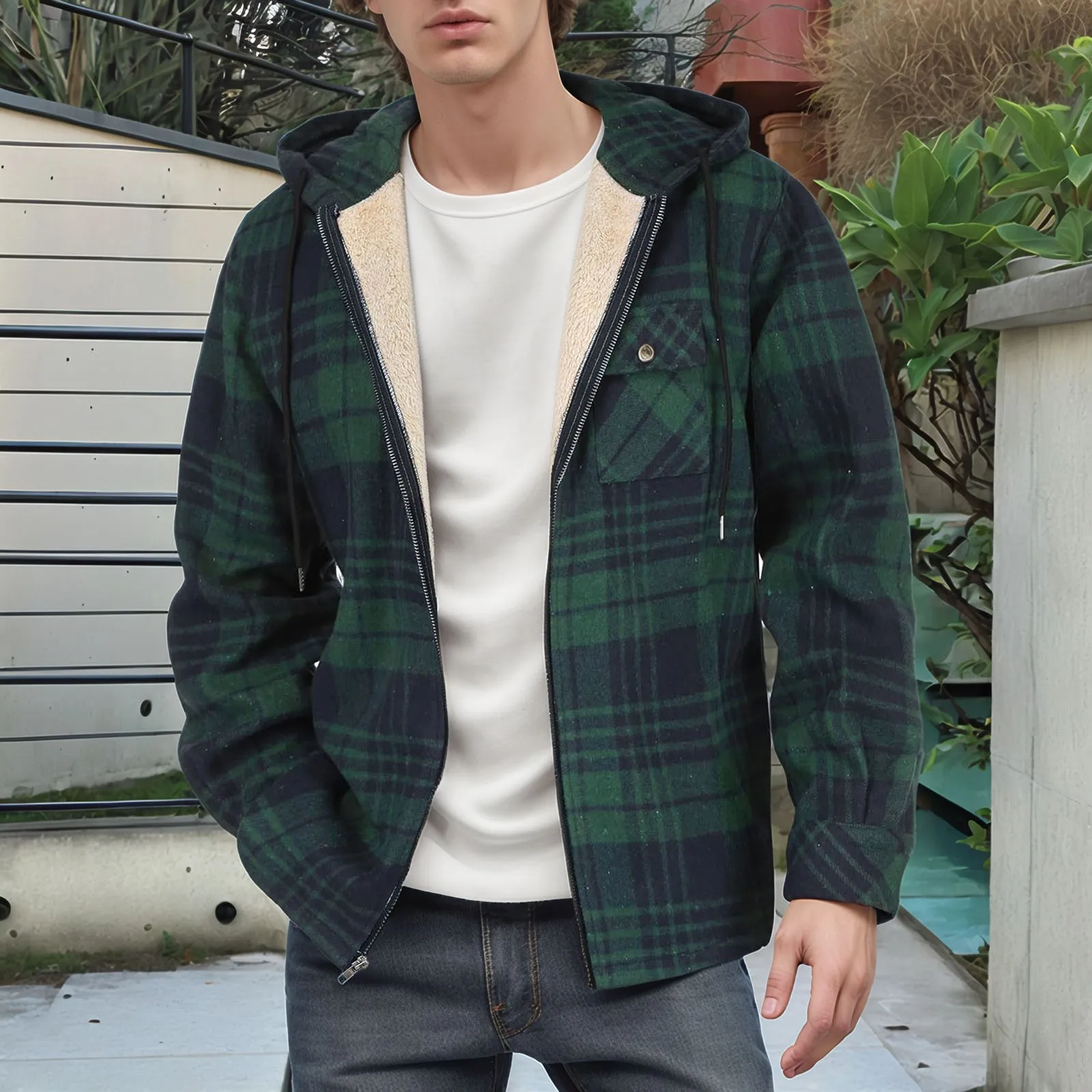 

Men Winter Thicken Gren Plaid Flannel Hooded And Flannel Jacket European And Casual Business Loose And Warm Trendy Jacket