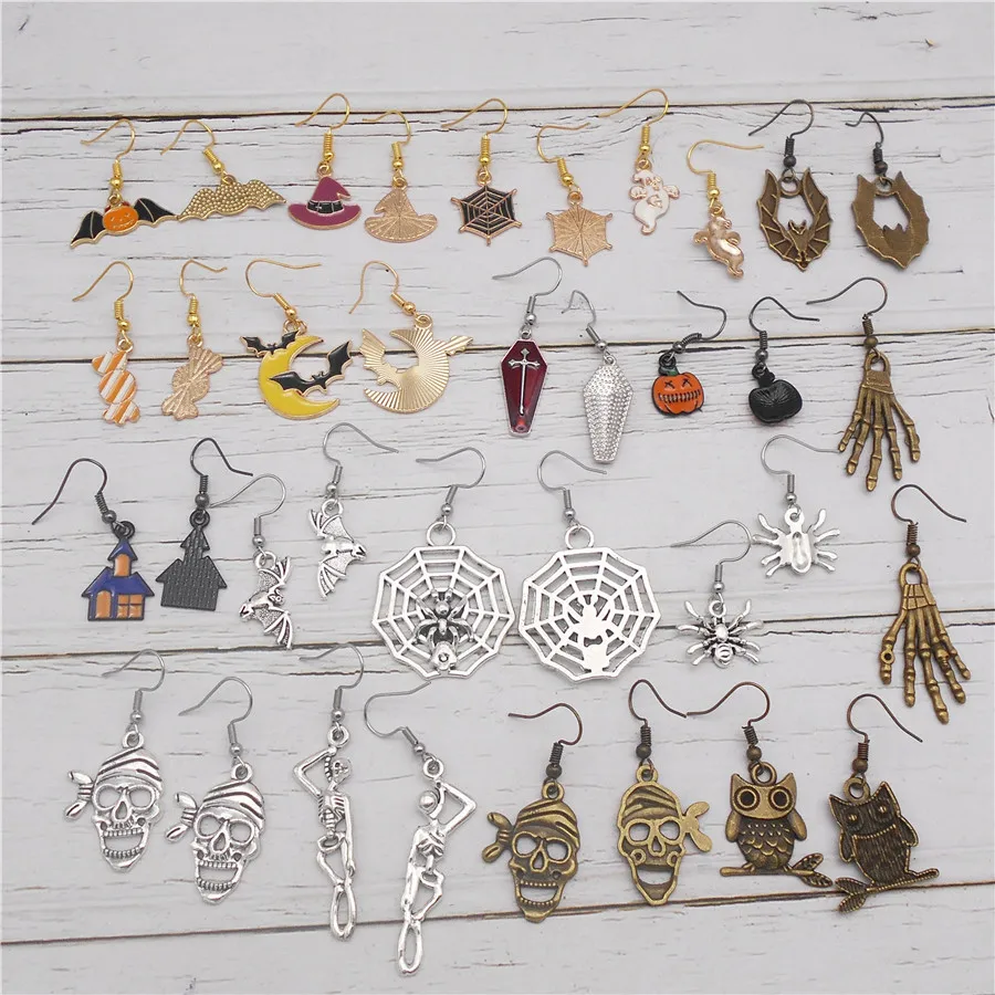 1/18 Pair Enamel Alloy Halloween Drop Earrings Ghost Skull Coffin Bat Spider Moon Pumpkin Candy Long Earrings Party Jewelry