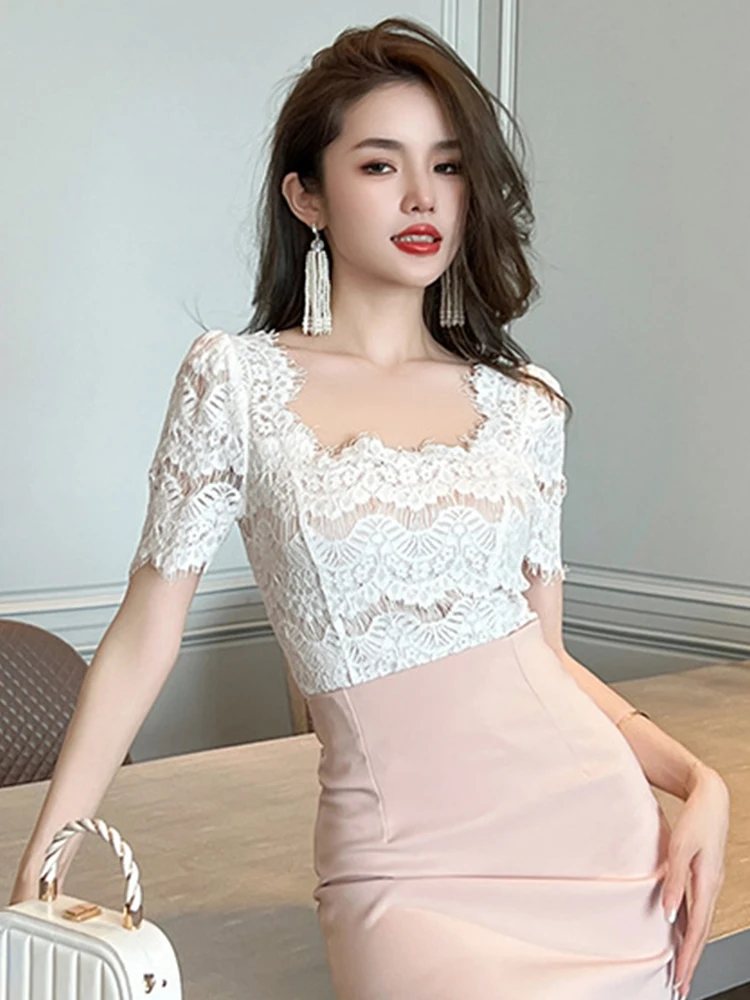 2023 Fashion Elegant White Blouse Hook Floral Hollow Women Tops Sweet Outfits Sheer Lace Sexy T-Shirts Tees Party Street Clothes