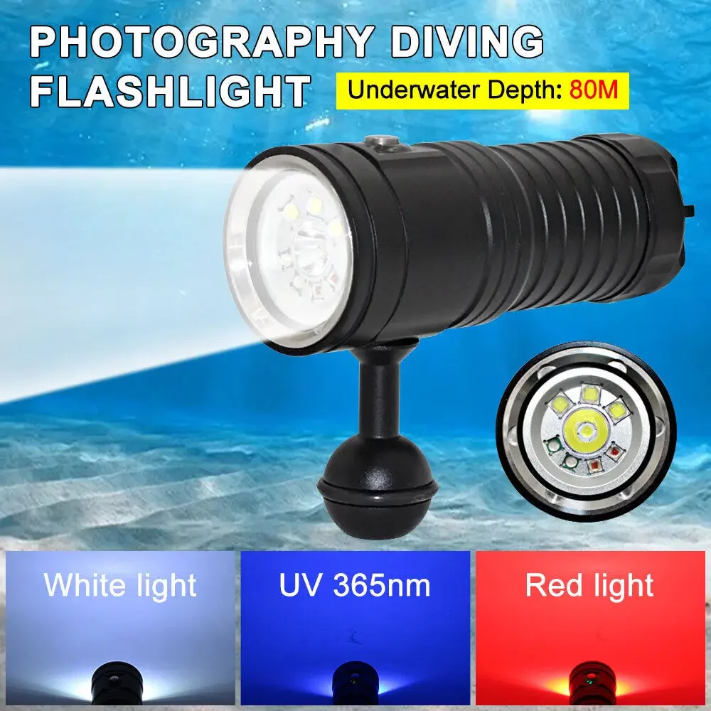 

Multifunctional 3-color diving flashlight underwater 80m photography LED light IPX8 Professional Diving flashlight