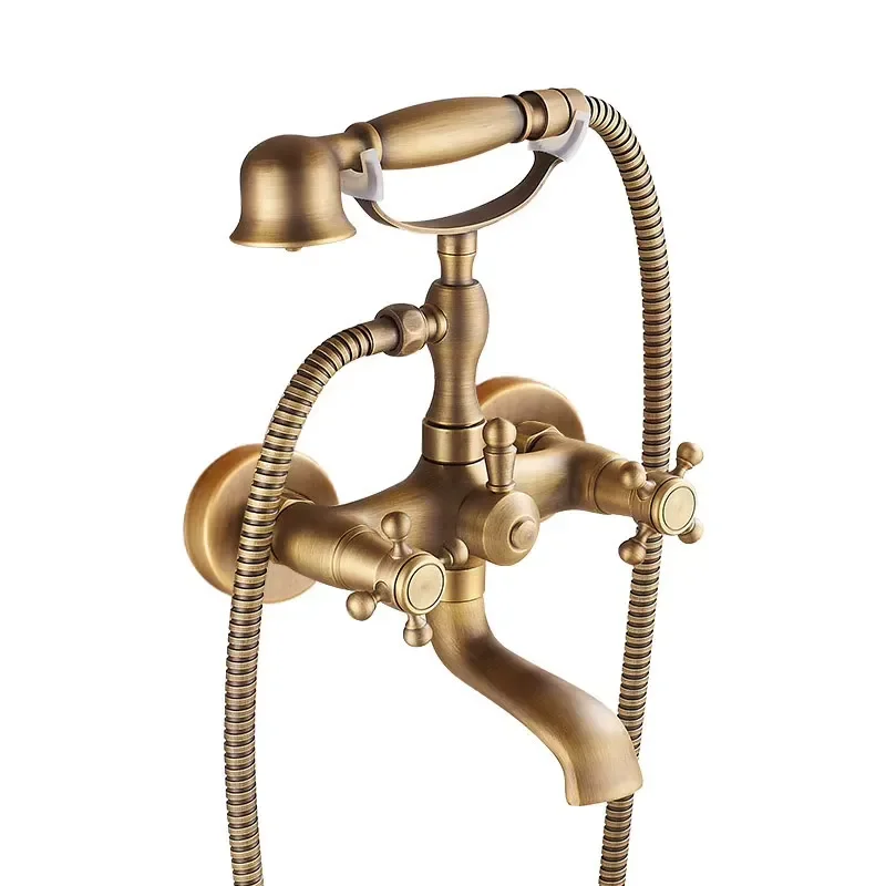 STOCCO Antique Brass Bathtub Faucet Wall Mounted, Traditional Telephone Style Shower Mixer with Handheld Spray for Hotel
