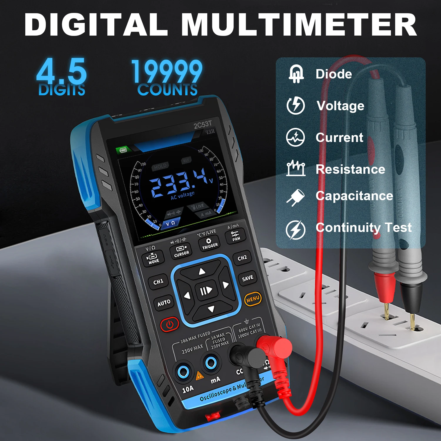 

3-IN-1 2C53T Upgraded Oscilloscope Multimeter with 2 Channel, 50MHz Bandwidth & 250MS/s Sampling Rate, TRMS 19999 Counts Signal