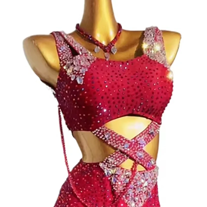 Latin Dance National Standard Dance Advanced Competition Clothing High end Customized New Year Red Samba Women's Dress