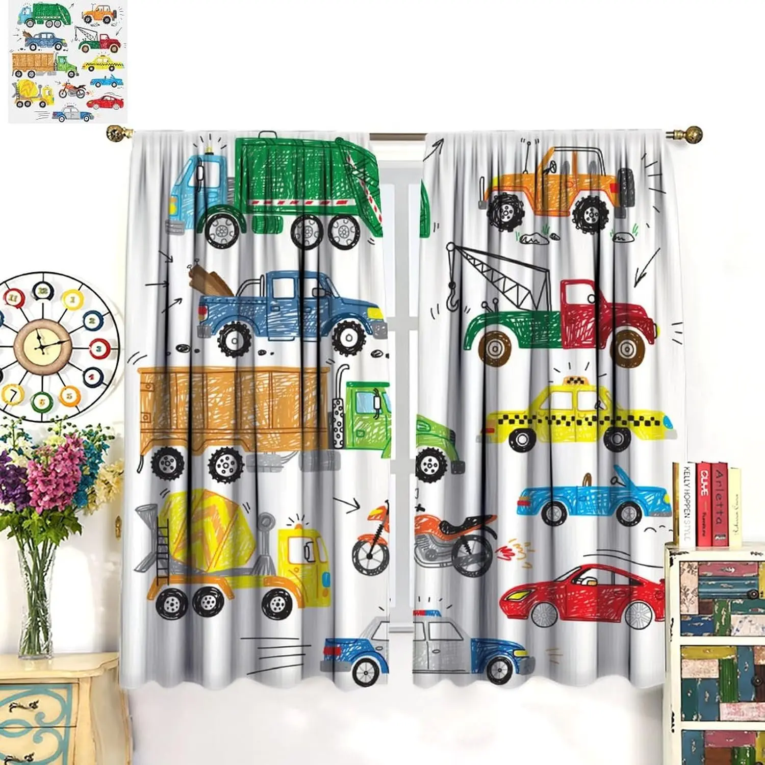 Kids Graffiti Cartoon Car Curtains Racing Engineering Motorcycle Blackout Window Treatments  Kids Girls Toddler Bedroom Window