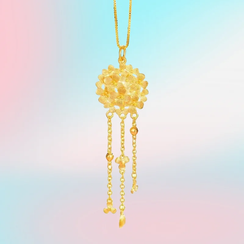 

NEW 9999 real gold 24K yellow gold Gold Hydrangea Tassel Collarbone Necklace