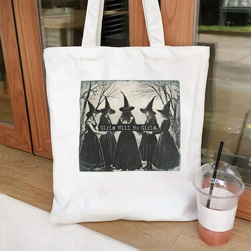 

Vintage Girls Will Be Girls Witch Canvas Bag Halloween Women Casual Shoulder Bag Funny Witch tote bag Witchy Vibes Graphic