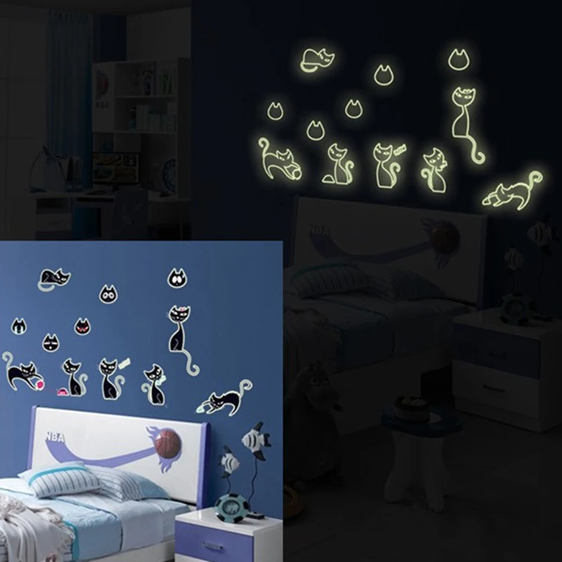 Cute Black Cat Luminous Stickers Anime Pet Kitty Fluorescent Wall Decals Glow in the Dark Home Decoration for Kids Room Bedroom