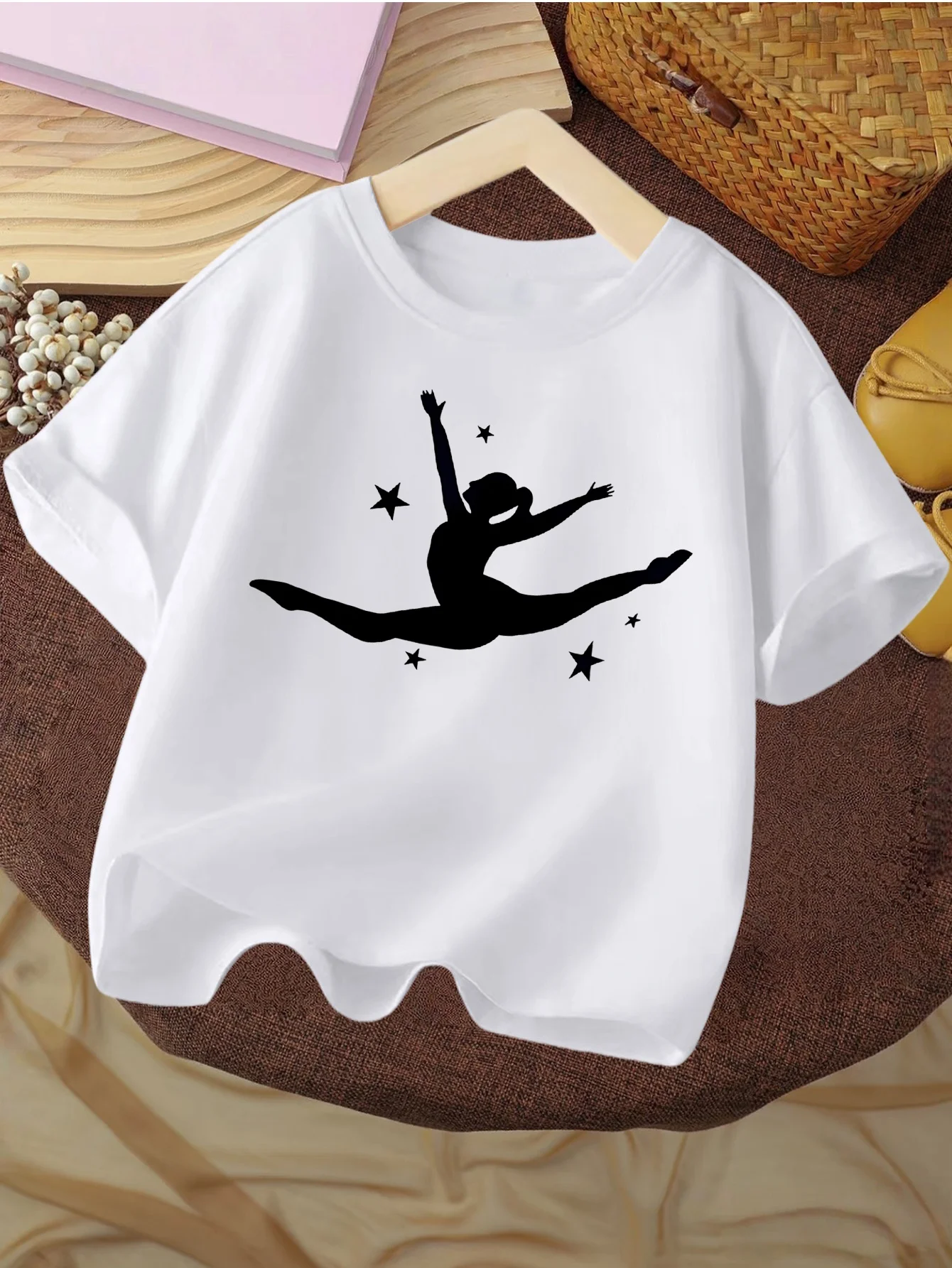 Kids T Shirt Gymnast Dancer Silhouette With Stars Minimal Graphic Short Sleeve Cotton Tops For Boys Girls Daily Casual Outfit