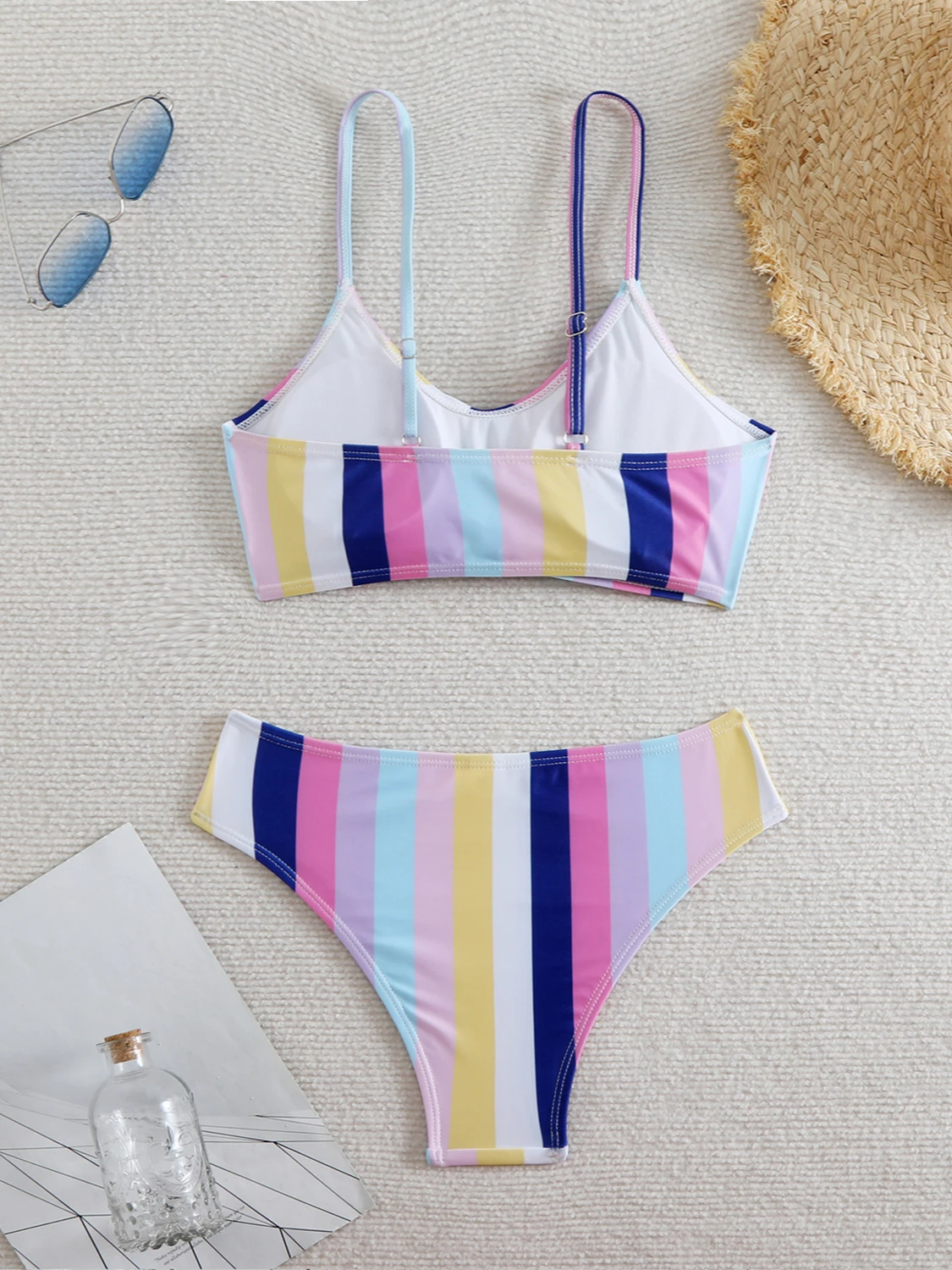 2 Pieces Swimsuit for Women Stripe Print Sexy Suspender Backless Bikini Set High Wasit Beach Vacation Bathing Suit 2025 New