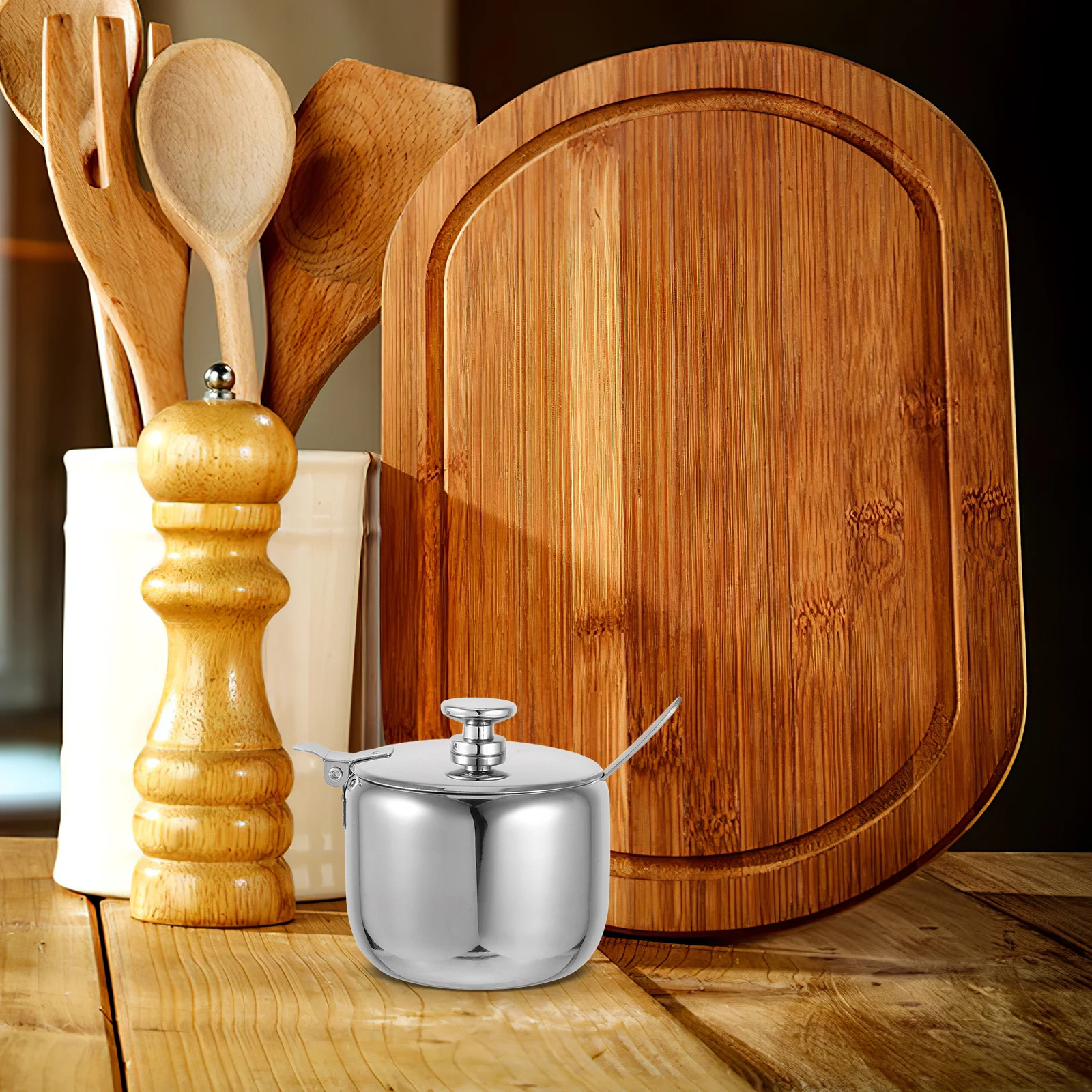 

Stainless Steel Round Sugar Container Condiment Bowl Lid Spoon Kitchen Coffee Tea 250ml Airtight Seasoning Canister