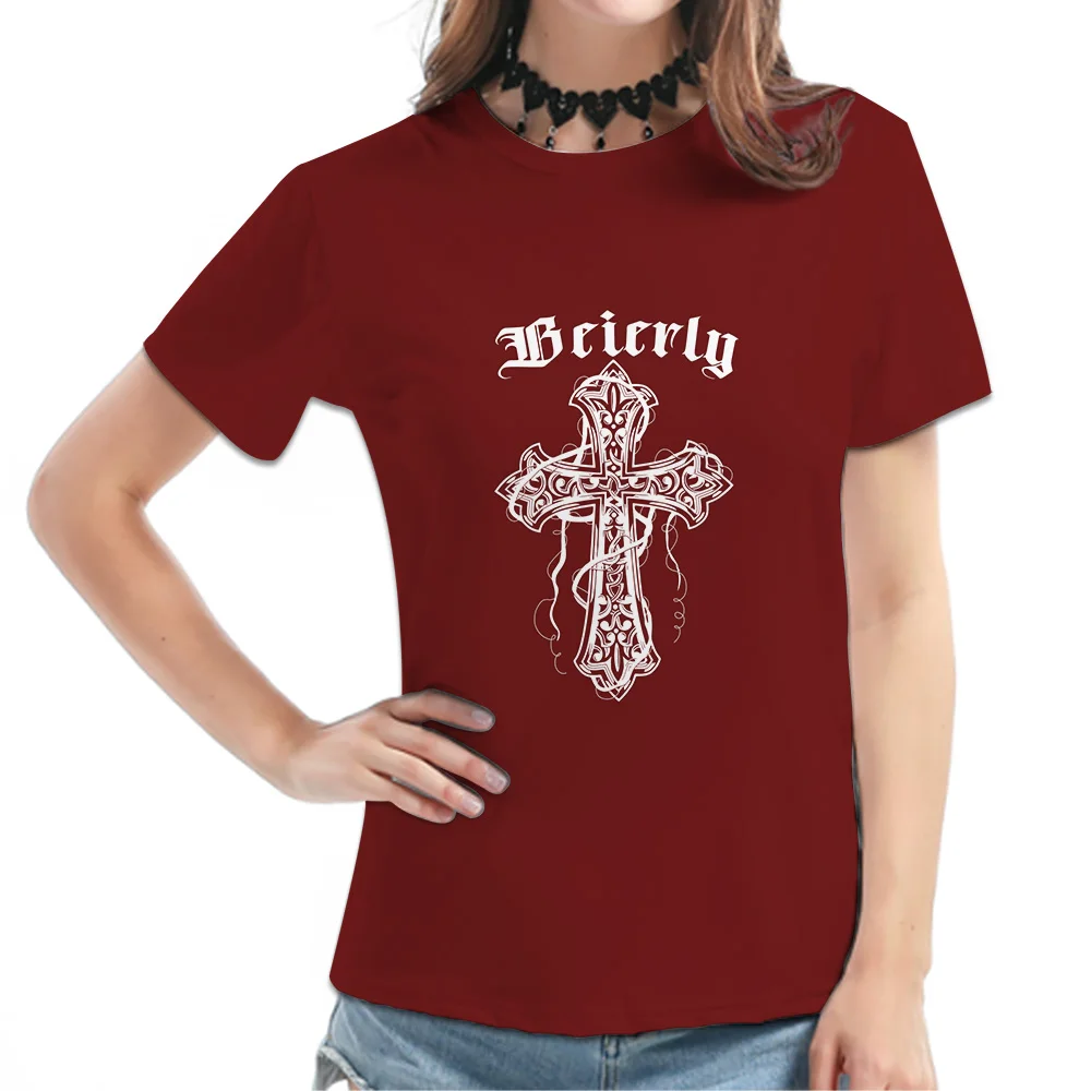 

Burgundy Women's Tee - Intricate White Cross Graphic, Elegant Casual Daily Wear