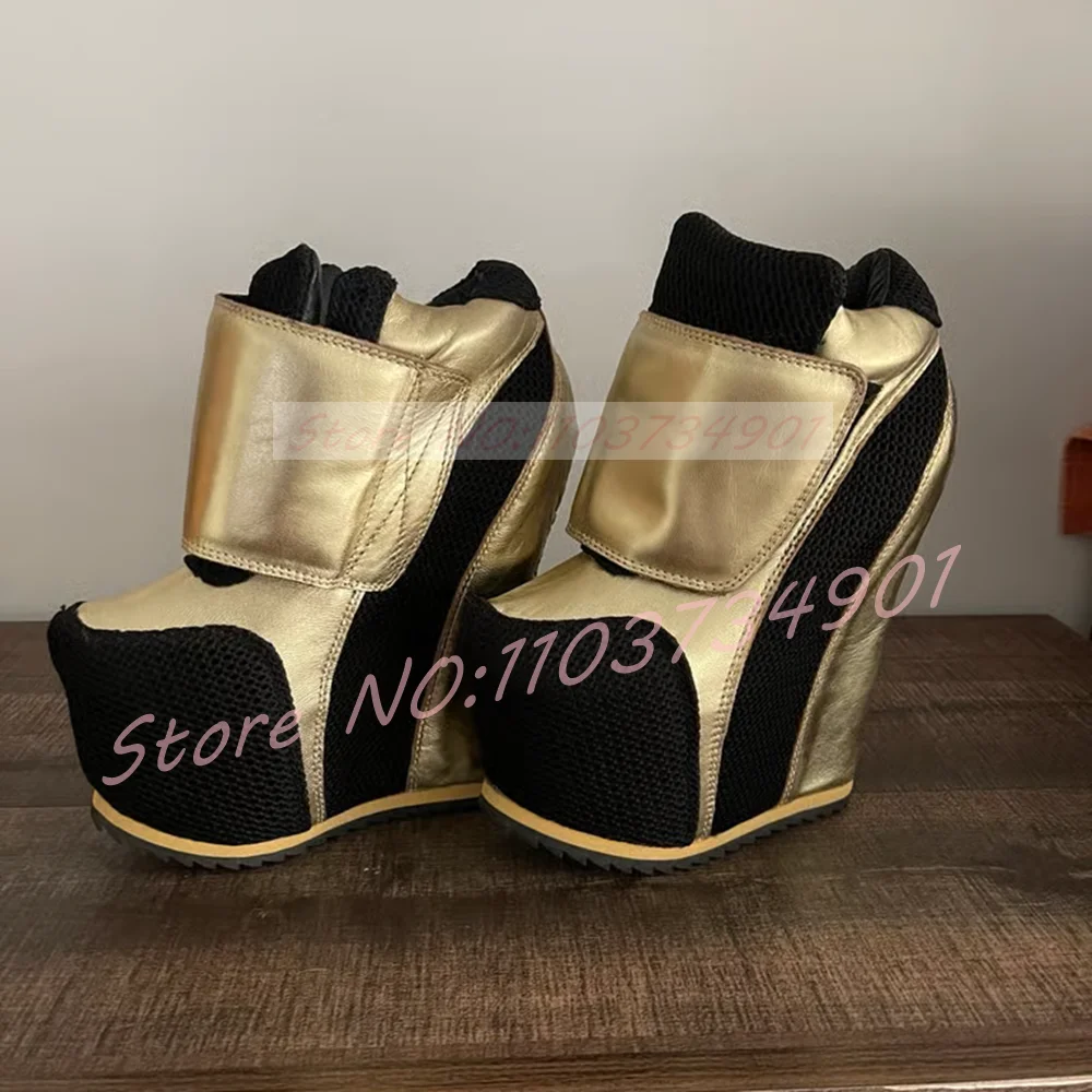 Gold Patchwork Platform Boots Women Round Toe Wedge Ankle Boots Ladies Hook Loop Closure Sneaker Heel Footwear