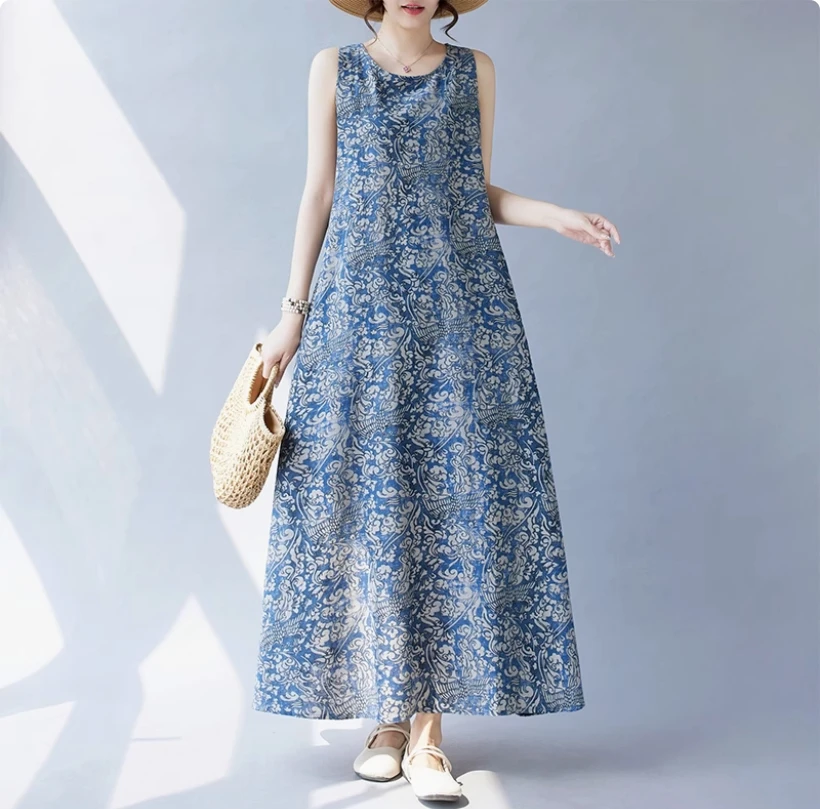 예술적 기질, 뚱뚱한 mm 캐미솔 롱 드레스, 여름 산야 운남 관광 휴가 스타일, 프린트 5XL 조끼 드레스