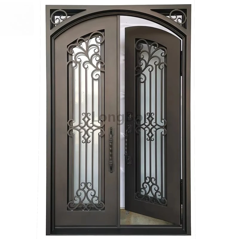 Modern decorative glass wrought iron entrance door, exquisite metal interior door, Chinese cheap steel door