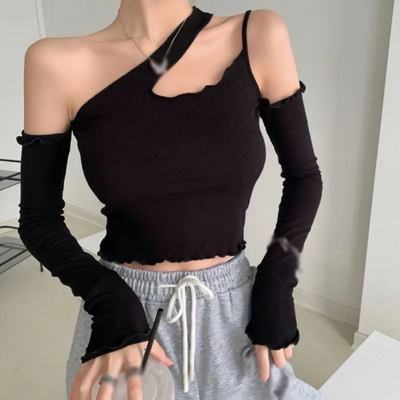 Women's T-Shirts Asymmetrical Strapless Slim Fashion Sexy Navel Exposed Long Sleeve Tops