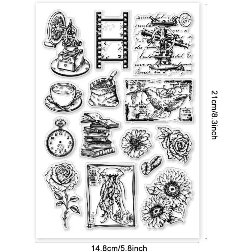 Film Frame Clear Stamp, Vintage Flower Rubber Stamps Coffee Silicone Stamp Book Transparent Stamps for Card Making Photo Album