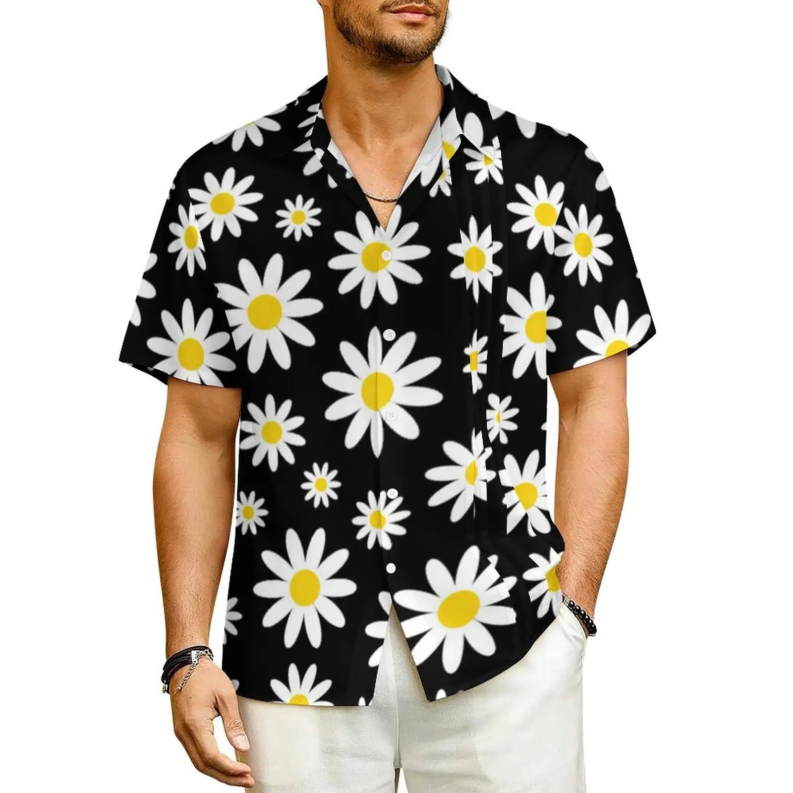 White Daisy Beach Shirt Modern Floral Print Hawaiian Casual Shirts Mens Cool Blouses Short Sleeve Korean Fashion Custom Clothing