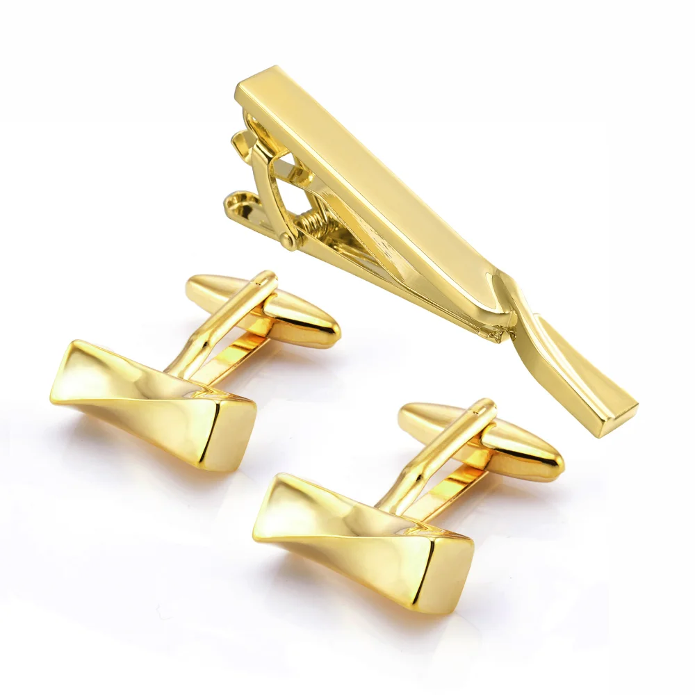 Golden Tie Clip and Cufflink Set Business Formal Wear Shiny Metal Sleeve Studs Men's Banquet Dress with Good Matching Accessory