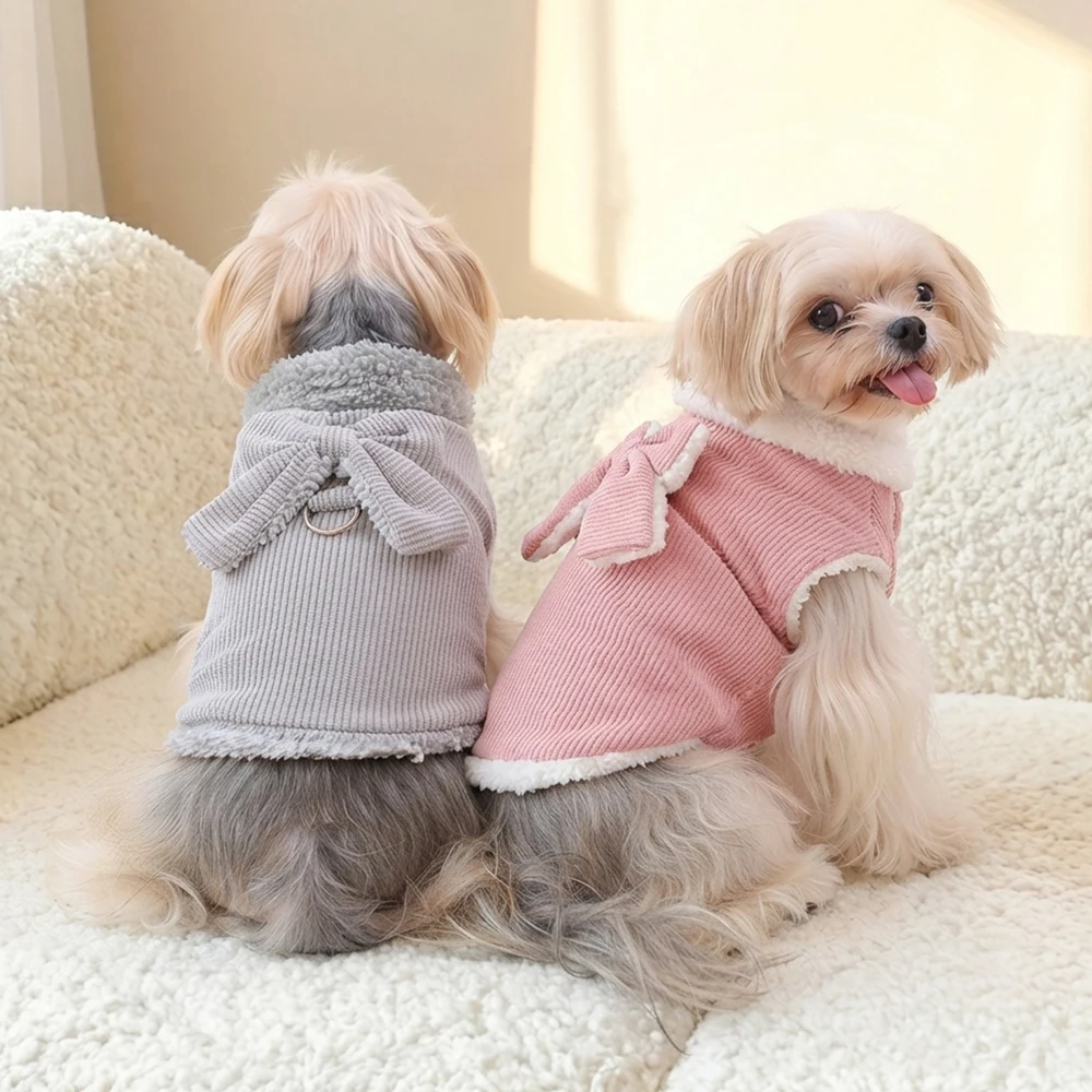 Winterkleidung für kleine Hunde, rosa Cordjacke, warmer Haustiermantel, weicher Plüschkragen, Schleife, winddichtes Outfit für Welpen, Katzen, Chihuahua, Mops