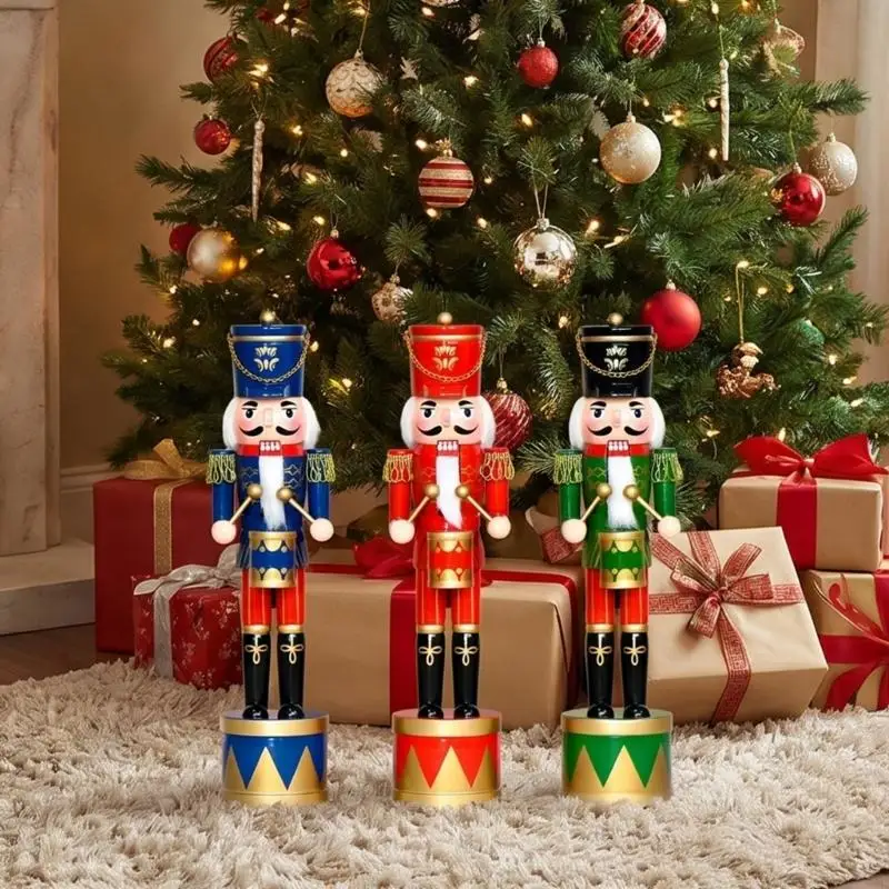 36Cm Wooden Nutcrackers Drum Soldier Figurine Christmas Puppet Doll Hand Painted Ornament For Holiday Desk Shelf Decors B03E