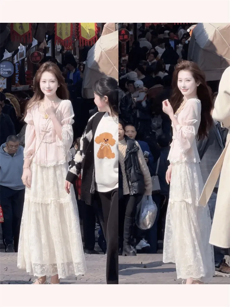 

Spring Faion Set New Chinese Sle Pink irt Ele Skirt Women's Long Sve round Ne Button up Ethnic Trendy Outfit