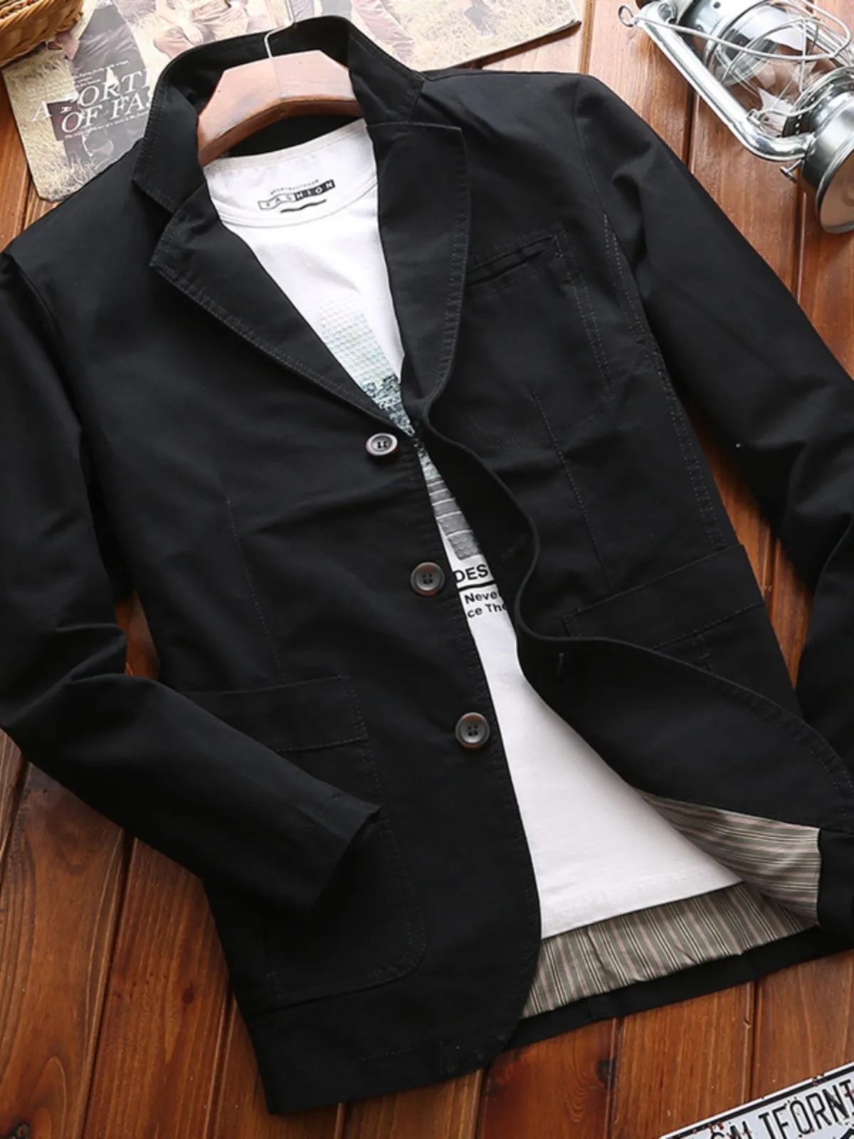 

Spring Autumn Cotton Men's Jaet Casual Loose Fit Long Sve Faion Urban Sle Multi-ket Classic Collar Suit Coat