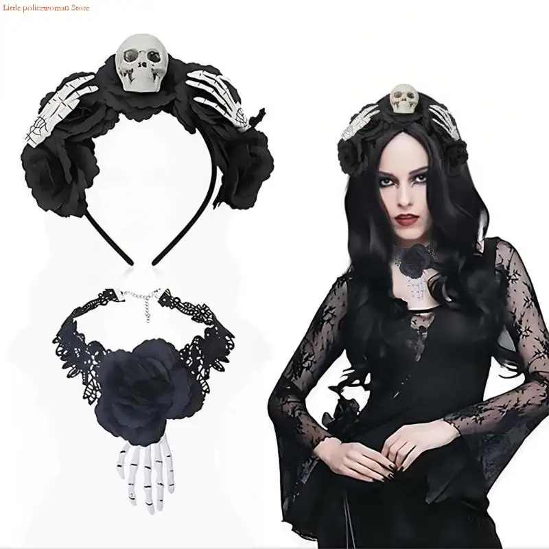 F92D Fashion Neck Chiker and Skull Headband Comfort Teste Arificial Flowers costumi Halloween Ornament