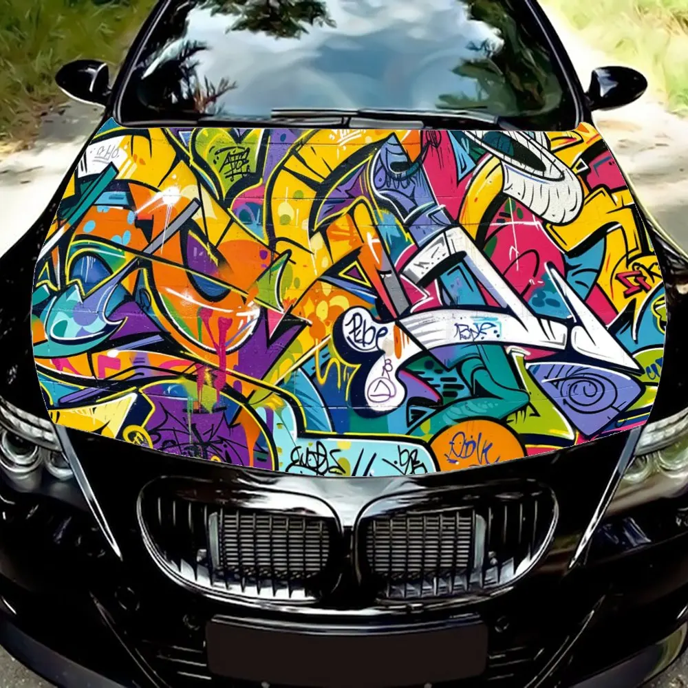 Abstract Hip Hop Letter Graffiti Car Hood Wrap Color Vinyl Sticker Truck Graphic Bonnet  Auto Accessories Decoration Decal Gift