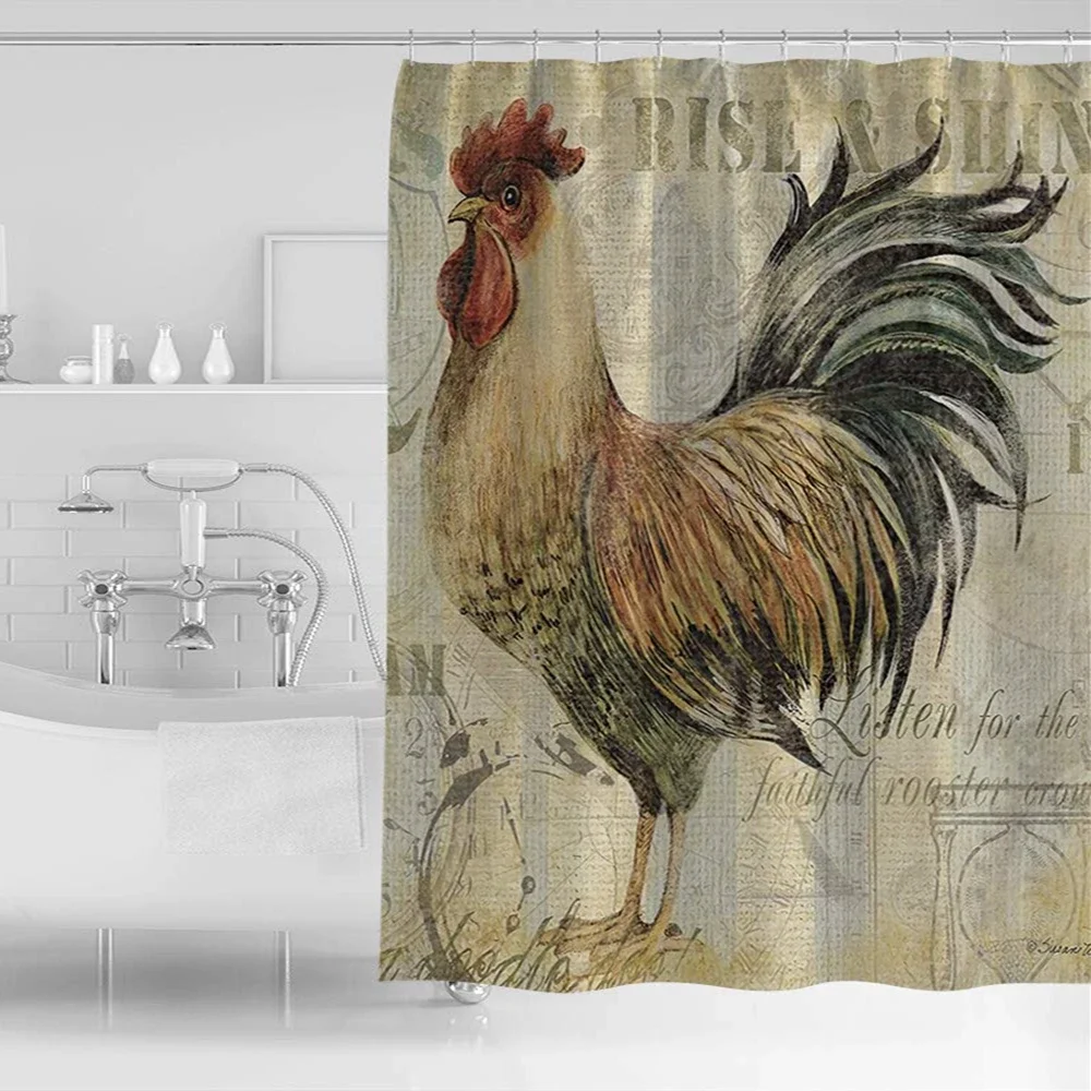 Farmhouse Rooster Shower Curtain,Chicken Animal Rooster on Vintage Shabby Wooden,Western Texas Star Barn Garage Bathroom Curtain